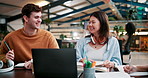 College, students and happy friends studying for education, learning or knowledge on laptop together. Team, university and group of people in discussion for writing notes on creative research project