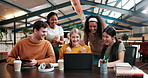 University, friends and students on laptop with success for good news, grades results and feedback on campus. Education, college and women and men on computer for academy pass, learning and studying