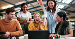 University, students and group in celebration on laptop for success, win or learning achievement together. Teamwork, cheers and happy friends in college for news, applause or excited for exam results
