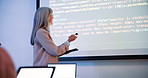 Female teacher, coding and screen on campus for education with html, teaching with technology for web development. Woman, lecture and tablet for projection to students, introduction to programming