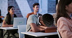 Tired, man and university class with sleeping student in college class and lecture with burnout. Teen, youth and nap in study hall with classroom prep for exam with tablet and brain fog from learning