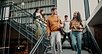 College, steps and students walking with conversation, planning or classroom subject discussion. University, stairs and gen z crowd of friends leaving campus for group project, learning or education