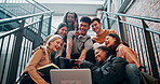 Friends, stairs and tablet with selfie in college on break or lunch with smile, pose and fun for youth. University, social media and tech with diversity in Canada with memories for people in moment