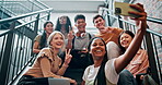 Friends, stairs and tablet with selfie in college for funny or emoji with smile, pose and fun for youth. University, social media and tech with diversity in Canada with memories for people with humor