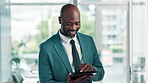 Business, black man and smile with tablet in office on internet search for opportunity and networking. Happy, entrepreneur and satisfied with company records, revenue and report as accountant