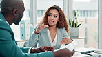 Businesspeople, meeting and manager with notes in office for team with planning or strategy. Training, analysis or collaboration with discussion for brainstorming in London with professional lawyers.