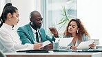 Office, finance and business people in meeting, documents and conversation for planning, accounting and review. Staff, paperwork and employees with idea, feedback or discussion with trading or broker