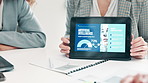 Hands, business people and ai with tablet, screen and presentation with connection, brainstorming and feedback. Closeup, group and employees with tech, review profit and revenue for software sales