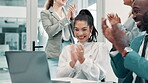 Collaboration, laptop and meeting with business people applause in boardroom of office for support or success. High five, computer and smile with happy colleague team in workplace for goals or target