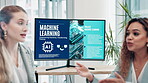 Display, meeting and machine learning presentation with business people in boardroom of office. AI development, education and training with corporate employee speaking to staff team in workplace