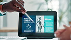 Hands, business people and robotics with tablet, screen and presentation with connection, software update and feedback. Closeup, group and employees with tech, machine learning and internet with app