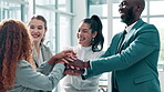 Businesspeople, group and pile of hands with office, teamwork and happiness with support. Teambuilding, law firm and success for motivation, help or mission for corporate attorney or legal consultant