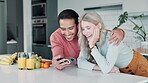 Watch, video and couple in kitchen with phone for streaming healthy recipe, ideas and learning together. Happy, man and woman with love in home and cooking with fruit, vegetables and online chef info