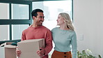 Couple, new house and boxes for moving and walking in front door with real estate, property and mortgage. Excited interracial people or young man and woman with cardboard at home for immigration