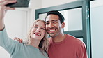 Couple, selfie and happy with smile in home for memories, date and house in relationship or marriage. Woman, man and partner in together in photography for remembering, anniversary or love in bonding