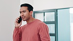 Phone call, conflict and upset man with mobile in home for argument, problem or bad customer service. Stress, speaking and unhappy person with cellphone for disagreement, frustrated or complaint
