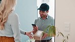 Delivery man, box and front door for phone with POS, payment and transaction at home with happy services. Courier people, customer and package for easy and fast distribution with mobile app scanner