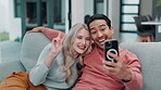 Couple, selfie and happy with smile in home for memory, date and lounge in relationship or marriage. Woman, man and partner in together in photography for remembering, anniversary or love in bonding
