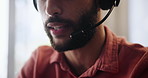 Man, call centre and headset in home, mouth and virtual receptionist or assistant service. Male person, professional and customer care hotline for speaking, agent talking and telemarketing offer