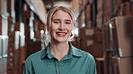 Girl, face and happy in warehouse as logistics worker or quality control inspector for inspection and distribution. Woman, portrait and factory with supply chain or boxes for delivery and ecommerce.