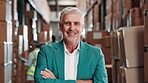 Mature man, face and warehouse for logistics storage or supply chain manager for quality control and happiness. Male industry worker, confident and transportation hub for delivery or distribution.
