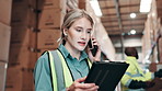 Woman, phone call and tablet in warehouse with logistics for quality control, stock and management for delivery. Female person, assistant and industry for freight, supply chain and shipping company