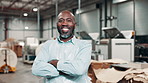 Black man, logistics and portrait with confidence in warehouse for dropshipping company, stock and online business. African retail supplier, factory and distribution for ecommerce, pride and export