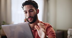 Man, stress and documents in home for finance, investment and paperwork for money assets. Contract, frustrated and anxiety for payment of debt with male person, budget and problem for loan and risk