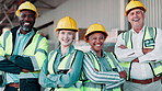 Happy people, team and contractor with confidence in logistics for inventory, shipping or export and import business. Portrait of professional group in diversity with hard hat at supply chain depot