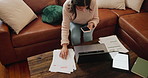 Woman, paperwork and phone with stress for bills on sofa in home with bankruptcy, inflation and overdraft debt. Indian girl, financial payment and documents with laptop for online banking or top view