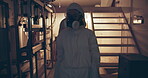 People, hazmat suit and walking in lab, biohazard and ready to leave work for danger or health. Team, finish task and protective overalls for safety, quarantine and procedure for toxic pollution