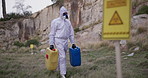 Medical, hazard and scientist with ppe in nature for chemistry, development and toxic waste. Science, safety and person with container in China for chemical experiment, acid solution or investigation
