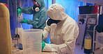 Chemical, engineering and PPE suit for science in laboratory in research, biology and medical for pharmaceuticals. Scientist, evidence and experiment for pathology, test in investigation or forensic