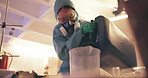 Tank, scientist and chemical liquid in lab, procedure and dangerous disinfectant or chemistry. Person, hazardous and biohazard research in hazmat suit, protective gear and gasoline for experiment