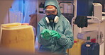 Experiment, ppe and person with gloves in lab for toxic chemical or acid liquid for formula, research or chemistry. Study, solution and investigation resting with mask or safety, science or forensic