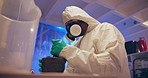 Laboratory, science and development with protection for research in workplace, innovation in medical. Man, working and mask with overall for safety with bacteria, new study for virus or infection