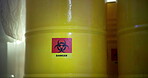 Chemical, toxic waste and hazard in storage, barrel and danger or drum with nuclear product. Poison, radiation and radioactive material and ecological disaster, symbol and icon for warning with light