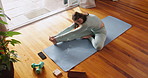 Zen, home and tablet with yoga for girl to exercise in holistic online class, app and training. Calm, workout and internet personal trainer, website or above healthy woman at gym in apartment