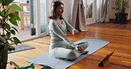 Woman, tablet and yoga or online in home for virtual class or stretching arms for pilates, wellness or streaming. Female person, mat and zen mindfulness in apartment for morning calm, digital or zen
