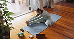 Stretching, legs and yoga in home with tablet, online class and girl with holistic exercise app or training. Calm, workout and web personal trainer, broadcast or above woman at gym in apartment