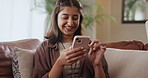 Indian woman, cellphone and laughing on home sofa for funny social media post, meme or humor. Female person, smartphone and digital app or internet search with texting message, streaming or apartment