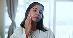 Skincare, cream and face of Muslim woman in home for beauty routine, wellness and facial treatment. Dermatology, cosmetics and portrait of person with moisturizer, creme and lotion for anti aging