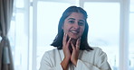 Skincare, face or girl in house with beauty results, treatment or wellness shine on vacation. Skin, hands or portrait of Indian woman in hotel with dermatology, glow or texture, touch or satisfaction