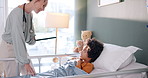 Doctor, child and patient in bed with tablet for results or goods news with support, checkup and trust. Happy, medical professional and smile for update on health, illness and care in hospital