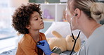 Doctor, child and stethoscope with listen in hospital for examination, cardiology or consultation for health support. Pediatrician, boy or medical expert with tool for breathing assessment or checkup