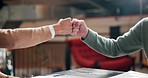 People, handshake and friends fist bump in business with social connection and b2b networking. Coworking, collaboration and hands in meeting with synergy, solidarity or welcome to team with inclusion