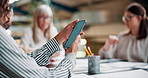 Typing, notes and hands with phone in office for futuristic, app for planning a high tech business. Schedule, meeting and writing reminder for research, info or employee scroll online with smartphone