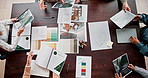 Meeting, palette and above of business people for design, pattern and color for advertising agency. Creative company, teamwork and workers with documents for planning, collaboration and branding