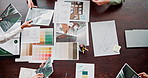 Planning, palette and above of business people for design, pattern and color for advertising agency. Creative company, teamwork and workers with documents for meeting, collaboration and branding