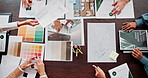 Meeting, palette and desk of business people for design, pattern and color for advertising agency. Creative company, teamwork and workers with documents for planning, collaboration and branding